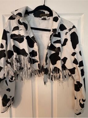 Cropped Cow Print Fringe Jacket - Black & White